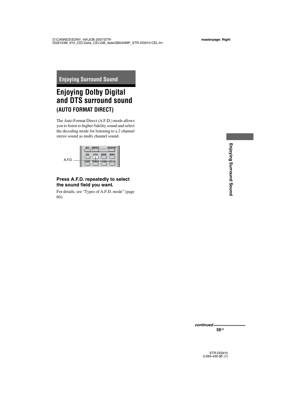 Enjoying surround sound, Enjoying dolby digital and dts surround, Sound (auto format direct) | Age 59, Enjoying dolby digital and dts surround sound, Auto format direct) | Sony STRDG910 User Manual | Page 59 / 96