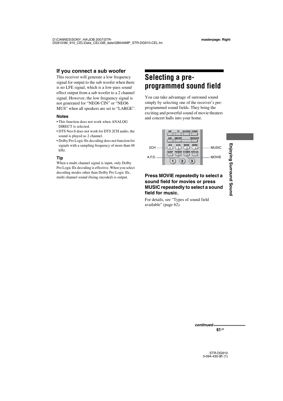 Selecting a pre- programmed sound field, Selecting a pre-programmed sound field, If you connect a sub woofer | Sony STRDG910 User Manual | Page 61 / 96
