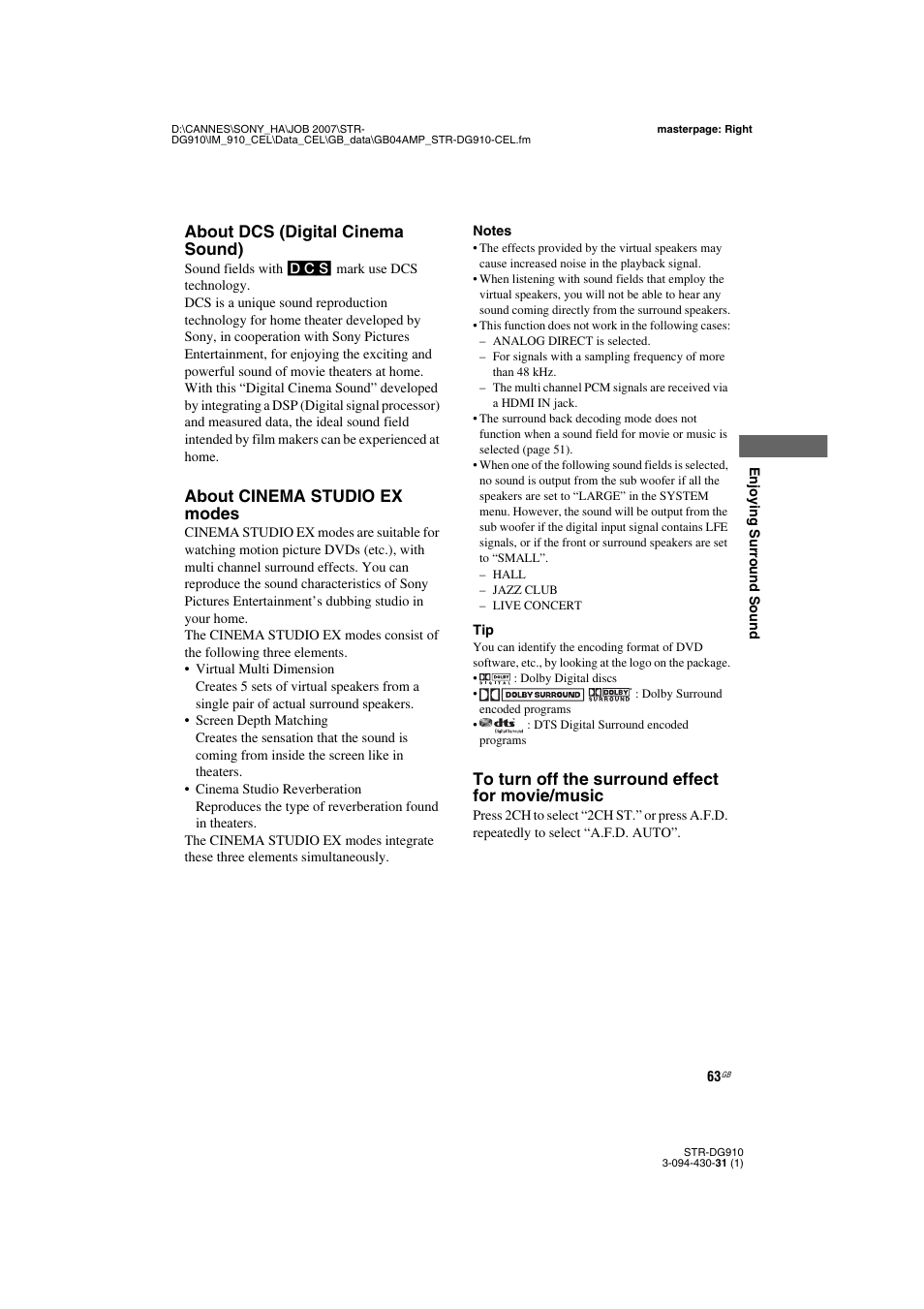 About dcs (digital cinema sound), About cinema studio ex modes | Sony STRDG910 User Manual | Page 63 / 96