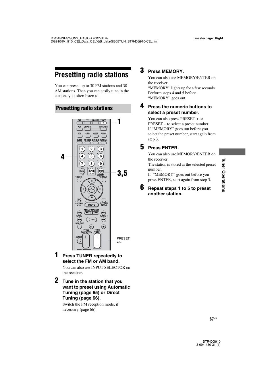 Presetting radio stations | Sony STRDG910 User Manual | Page 67 / 96