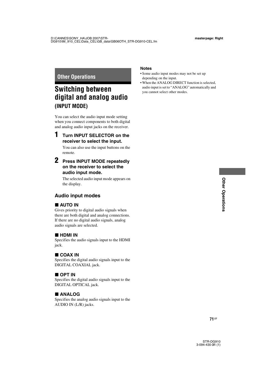 Other operations, Switching between digital and analog audio, Input mode) | Sony STRDG910 User Manual | Page 71 / 96