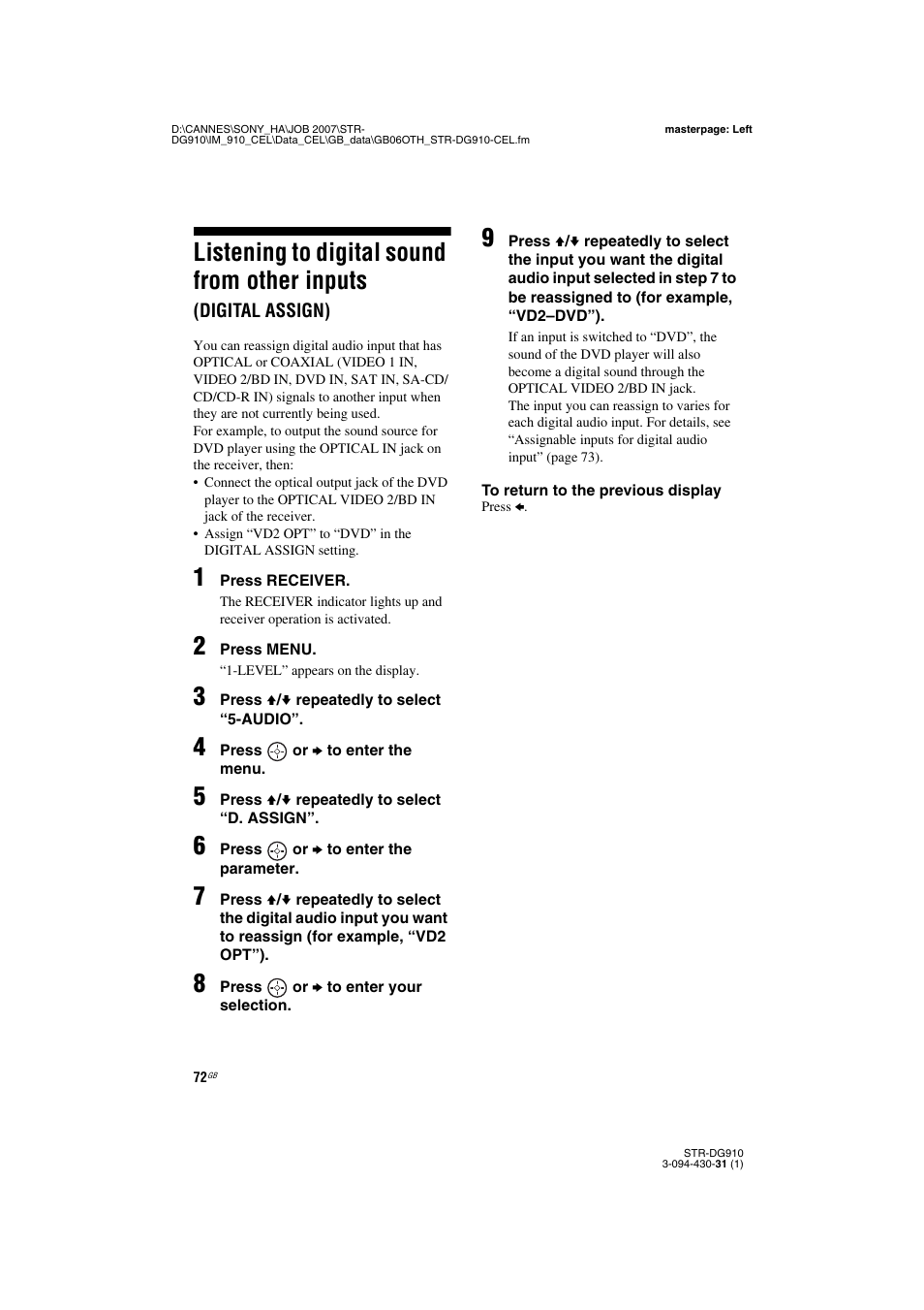 Listening to digital sound from other inputs, Digital assign) | Sony STRDG910 User Manual | Page 72 / 96