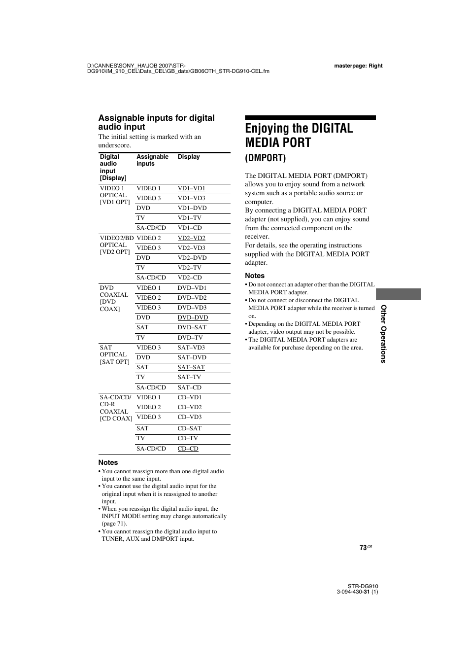 Enjoying the digital media port (dmport), Enjoying the digital media port, Dmport) | Assignable inputs for digital audio input | Sony STRDG910 User Manual | Page 73 / 96