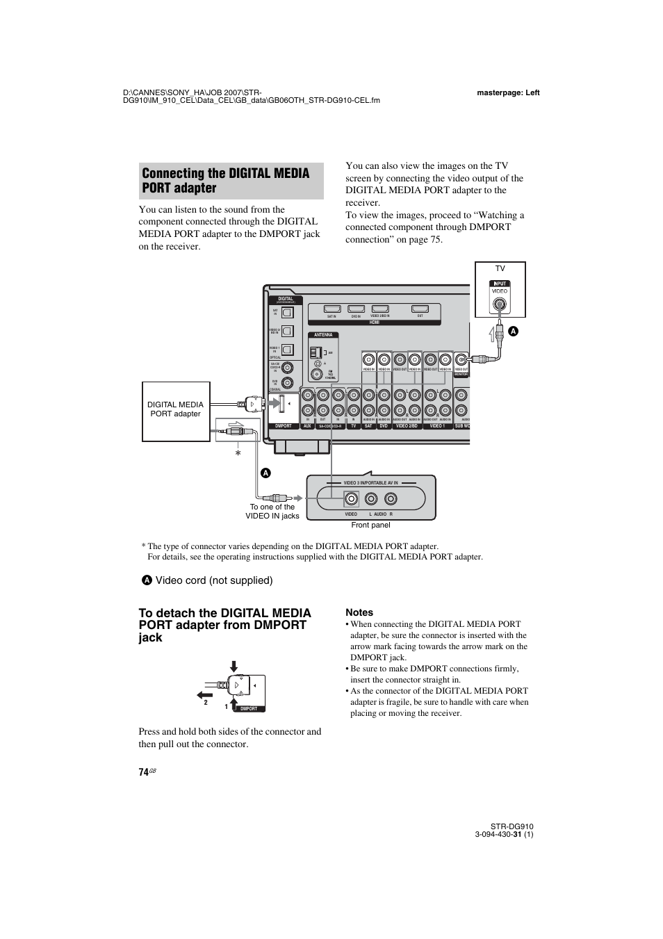 Connecting the digital media port adapter, Avideo cord (not supplied) | Sony STRDG910 User Manual | Page 74 / 96