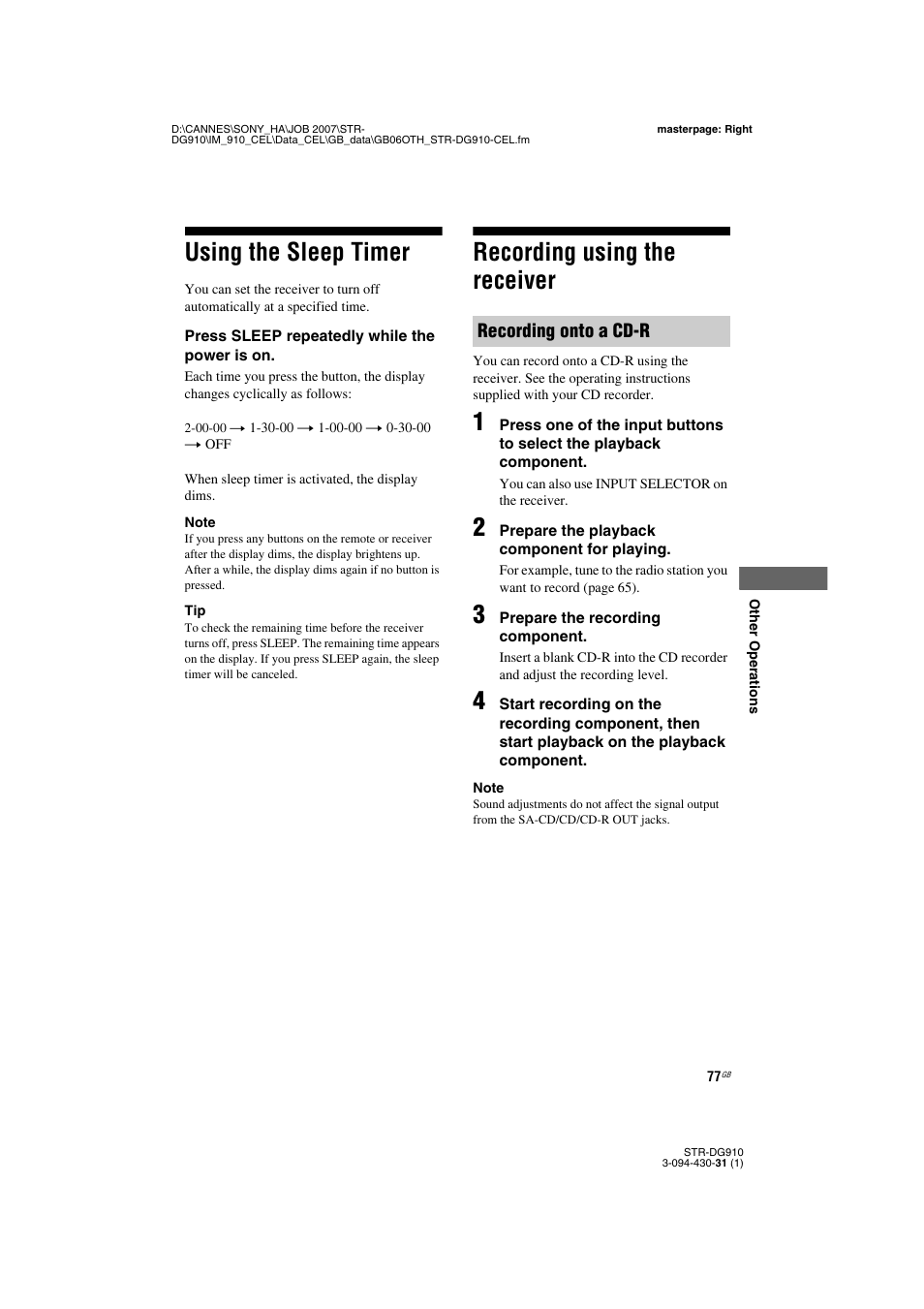 Using the sleep timer, Recording using the receiver, Using the sleep timer recording using the receiver | Sony STRDG910 User Manual | Page 77 / 96