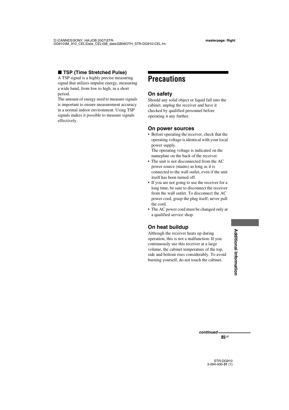 Precautions | Sony STRDG910 User Manual | Page 85 / 96