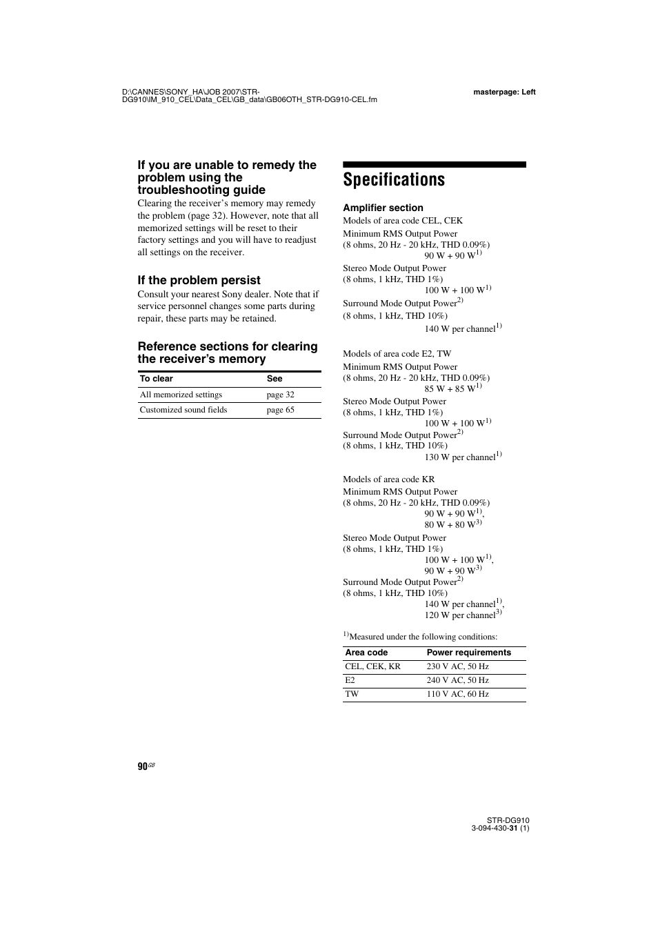 Specifications, If the problem persist | Sony STRDG910 User Manual | Page 90 / 96