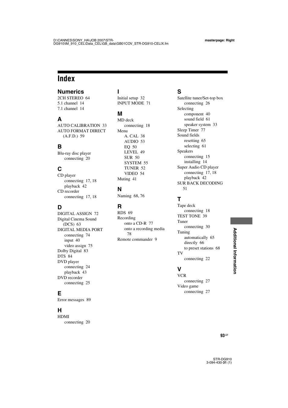 Index, Numerics | Sony STRDG910 User Manual | Page 93 / 96