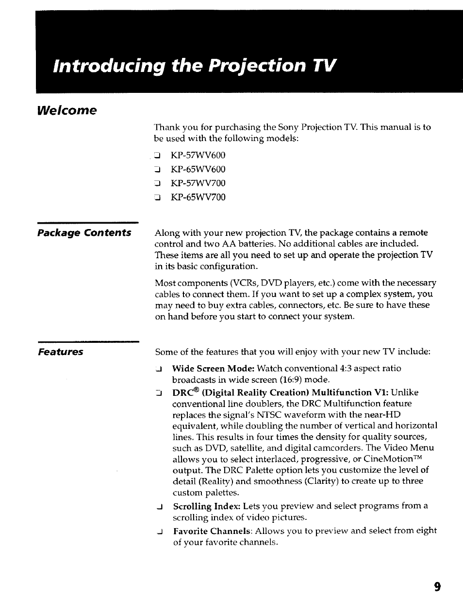 The projection tv, Welcome | Sony KP- 57WV600 User Manual | Page 10 / 100