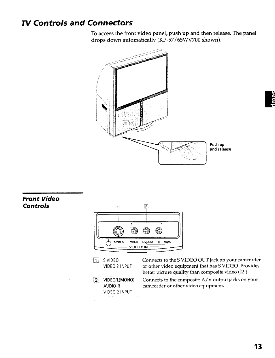 Tv controls and connectors, Front video controls | Sony KP- 57WV600 User Manual | Page 14 / 100