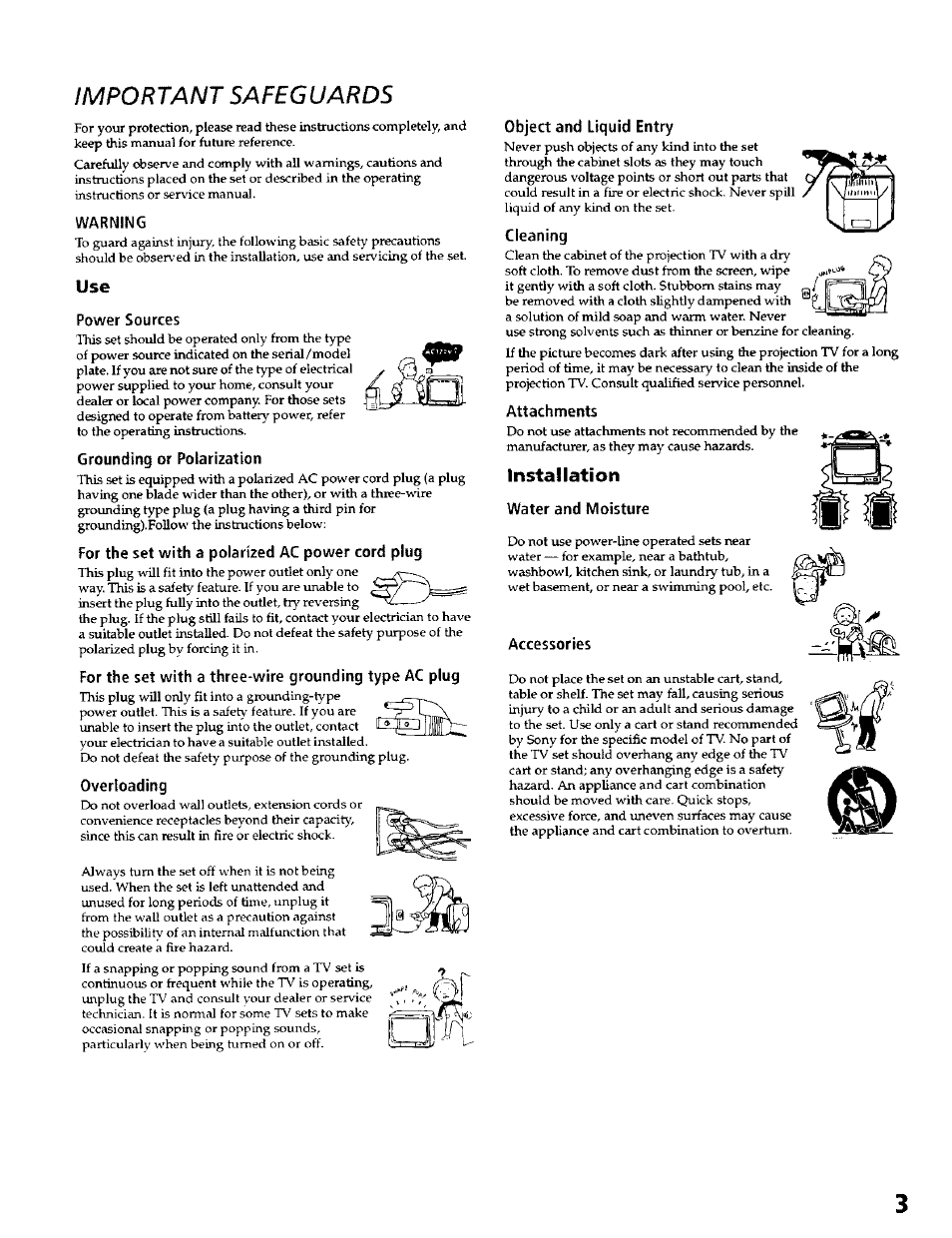 Important safeguards, Installation | Sony KP- 57WV600 User Manual | Page 4 / 100