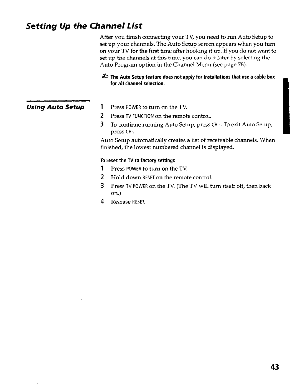 Setting up the channel list, Using auto setup | Sony KP- 57WV600 User Manual | Page 44 / 100