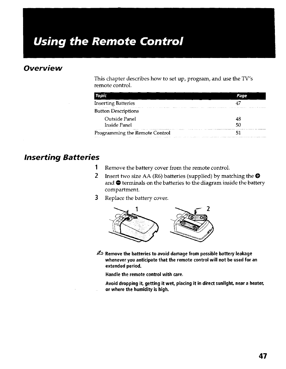 Using the remote contro, Overview, Inserting batteries | Sony KP- 57WV600 User Manual | Page 48 / 100