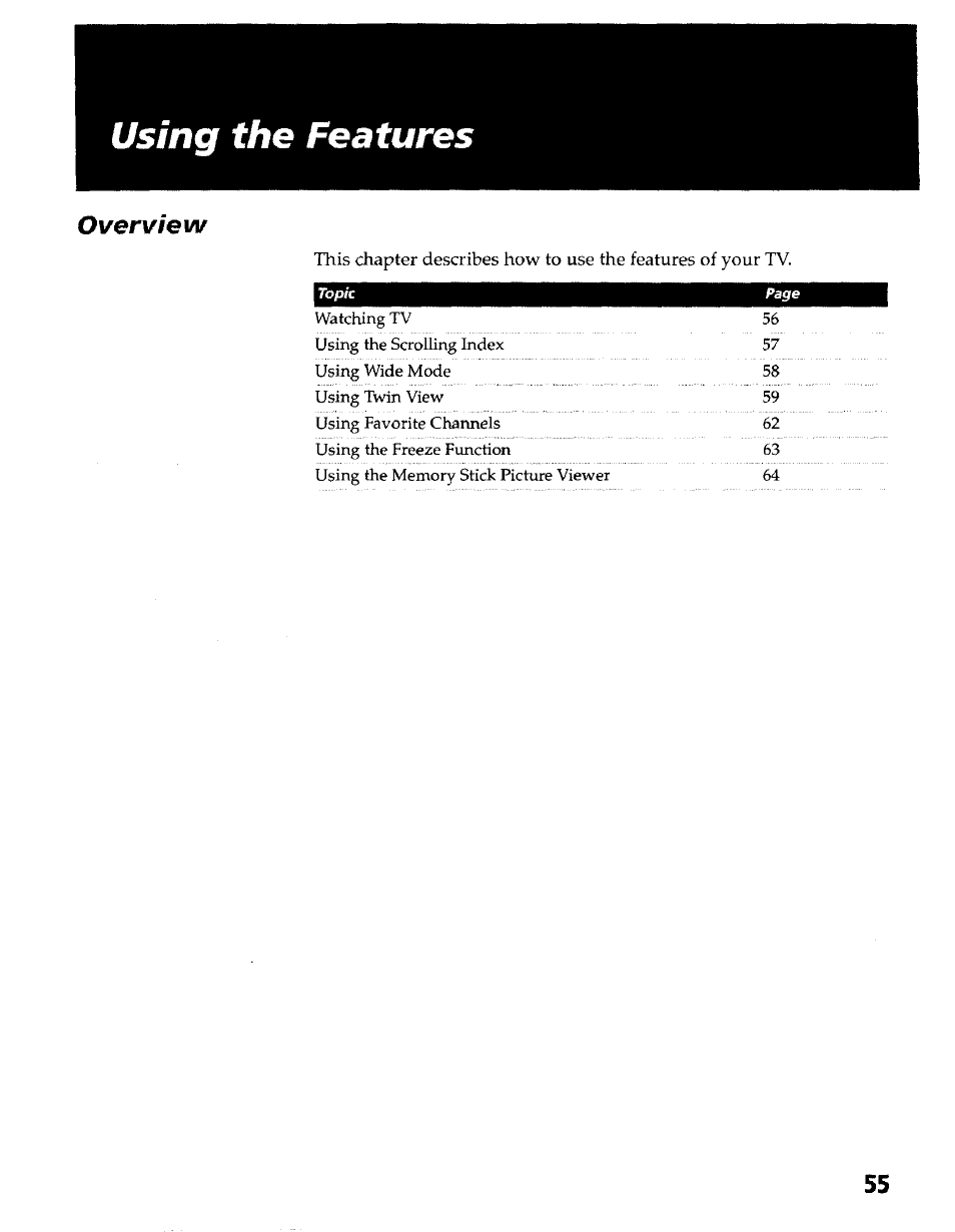 Using the features, Overview | Sony KP- 57WV600 User Manual | Page 56 / 100