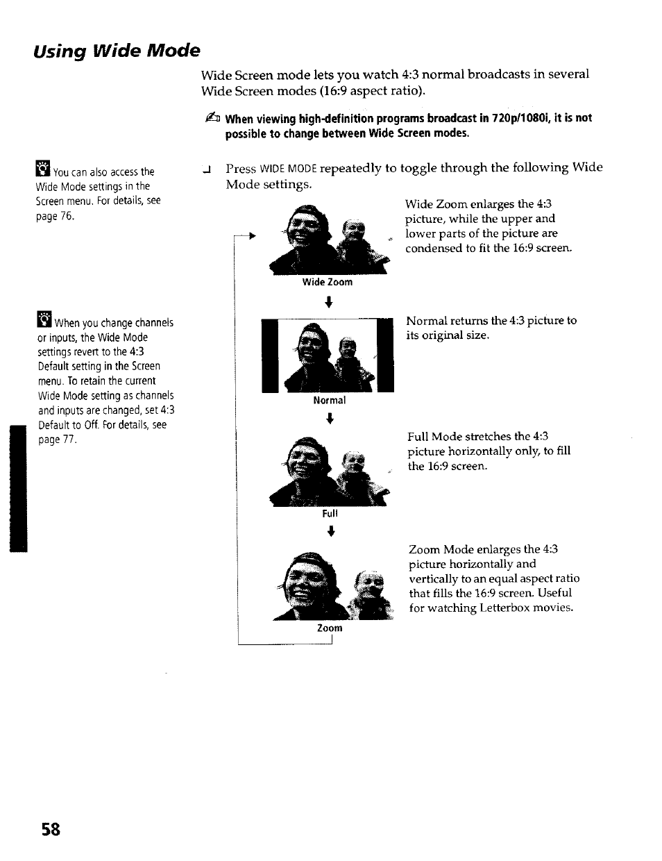 Using wide mode | Sony KP- 57WV600 User Manual | Page 59 / 100