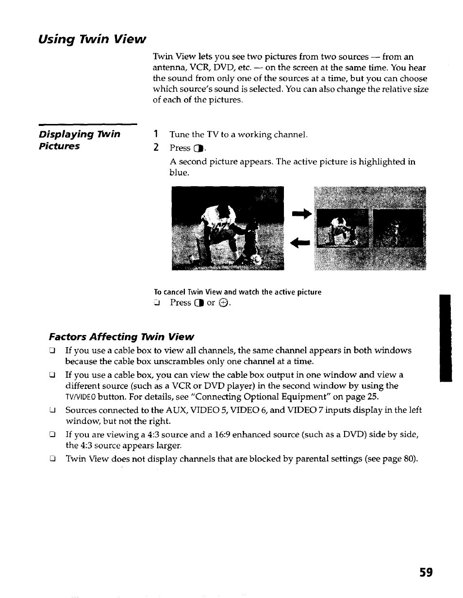 Using twin view, Displaying twin pictures, Factors affecting twin view | Sony KP- 57WV600 User Manual | Page 60 / 100