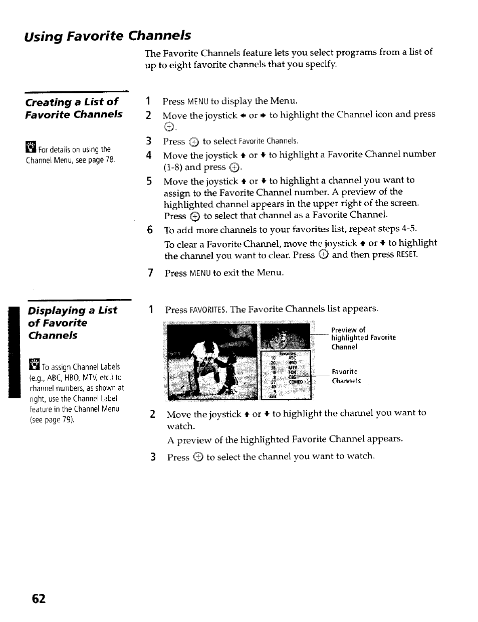 Using favorite channels, Creating a list of, Favorite channels 2 | Displaying a list of favorite channels | Sony KP- 57WV600 User Manual | Page 63 / 100