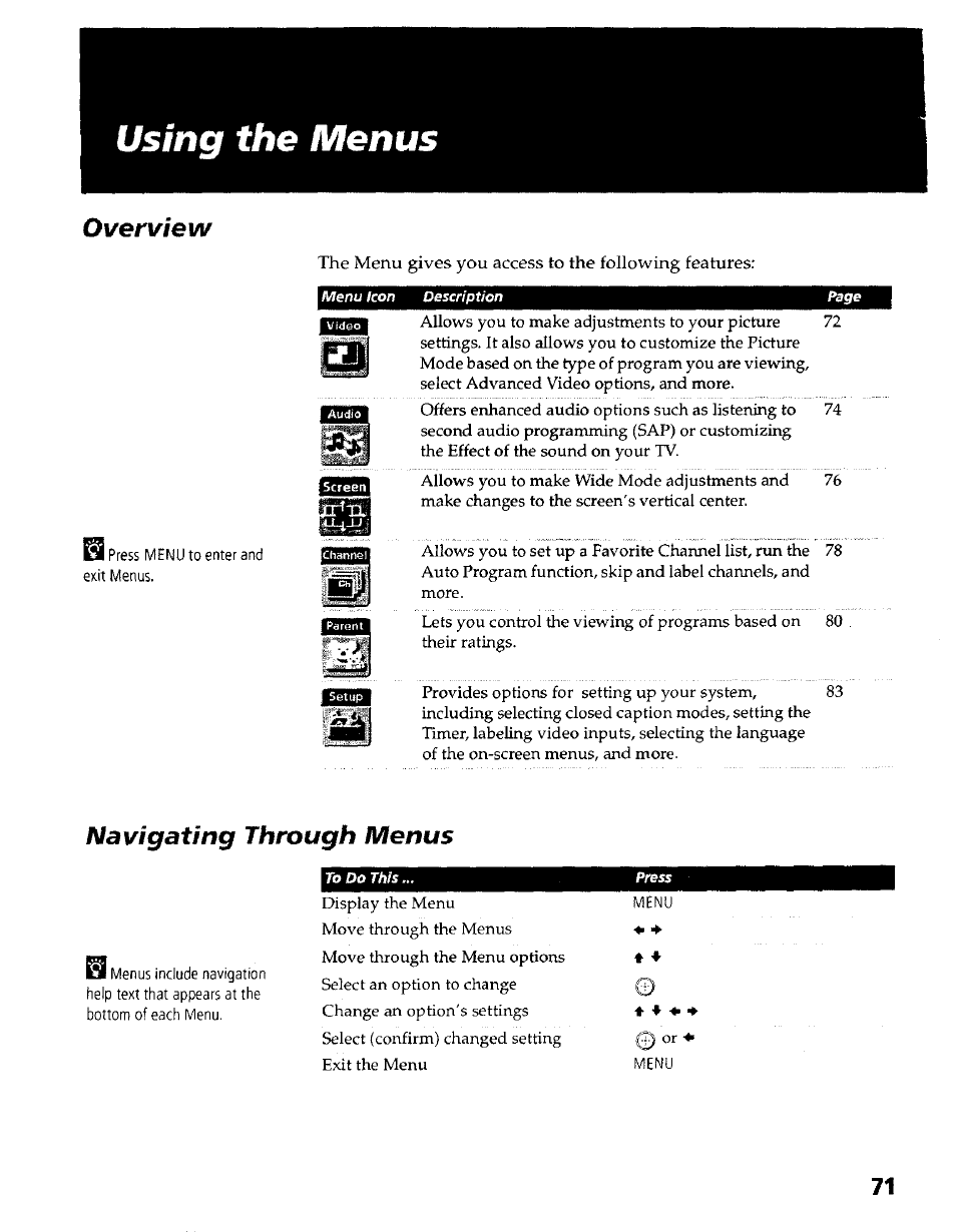 Using the menus, Overview, Menu icon description | Navigating through menus, Using the video menu | Sony KP- 57WV600 User Manual | Page 72 / 100