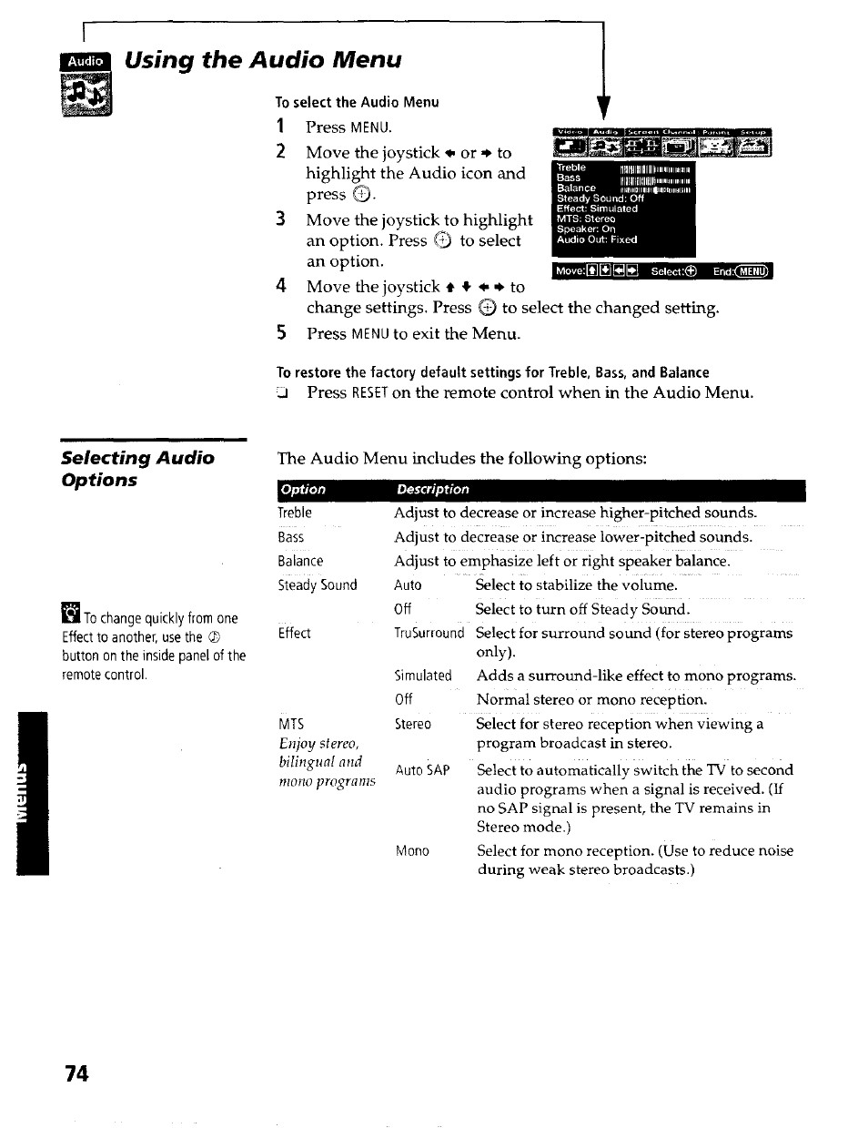 Using the audio menu, Selecting audio options, Iuuauci | Sony KP- 57WV600 User Manual | Page 75 / 100