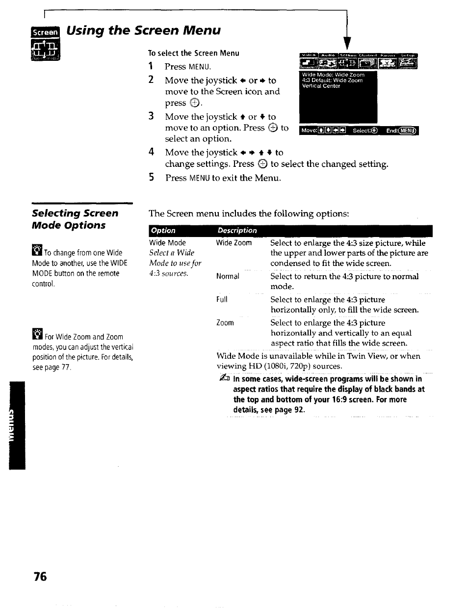 Using the screen menu, Selecting screen, Mode options | Sony KP- 57WV600 User Manual | Page 77 / 100