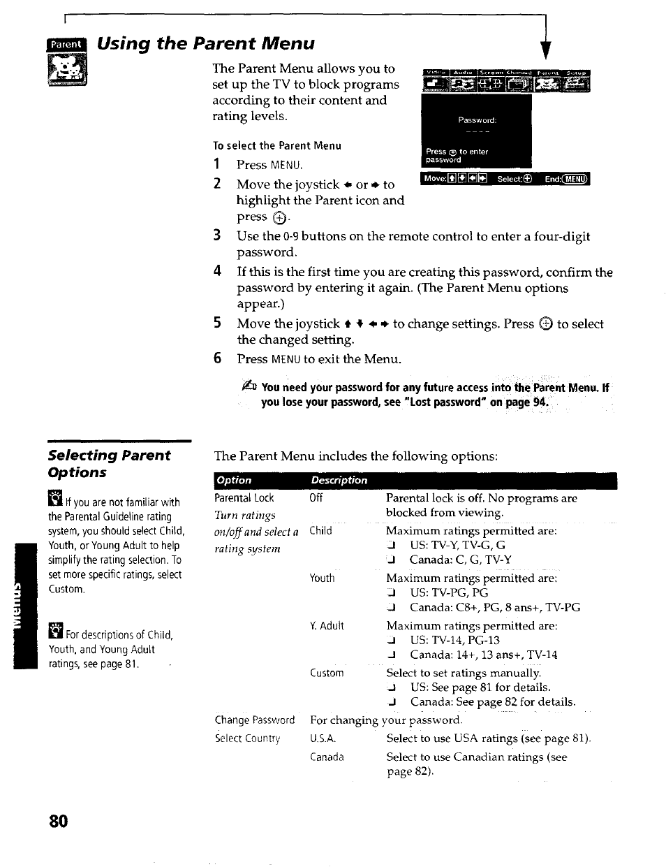 Using the parent menu, Selecting parent options | Sony KP- 57WV600 User Manual | Page 81 / 100