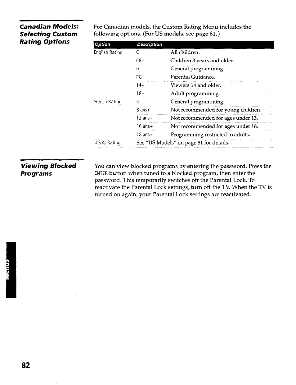 Canadian models: selecting custom rating options, Viewing blocked programs | Sony KP- 57WV600 User Manual | Page 83 / 100