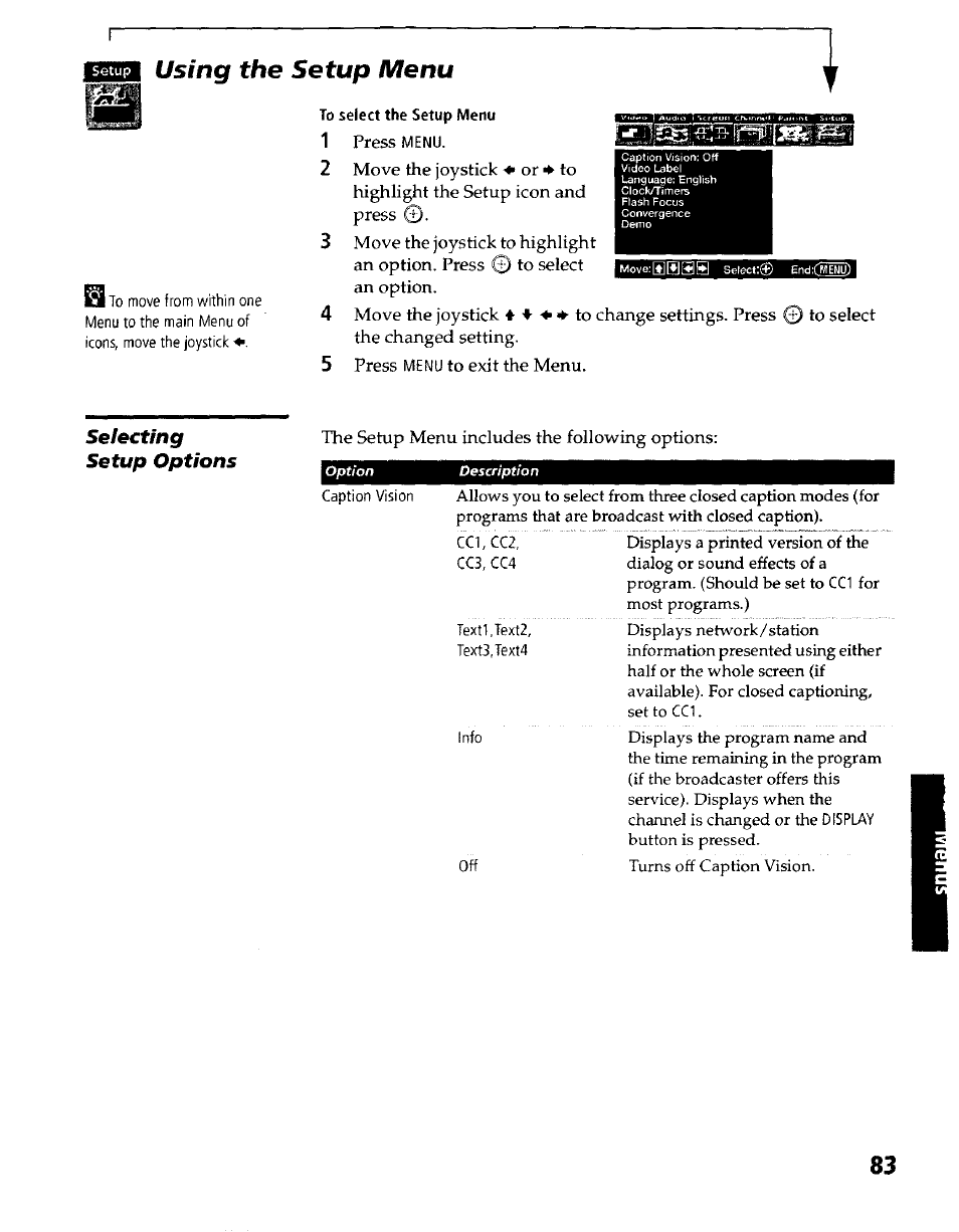 Option description, Using the setup menu, Selecting setup options | Sony KP- 57WV600 User Manual | Page 84 / 100