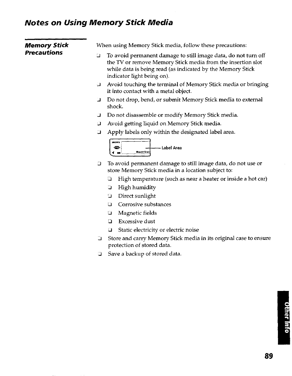 Notes on using memory stick media | Sony KP- 57WV600 User Manual | Page 90 / 100