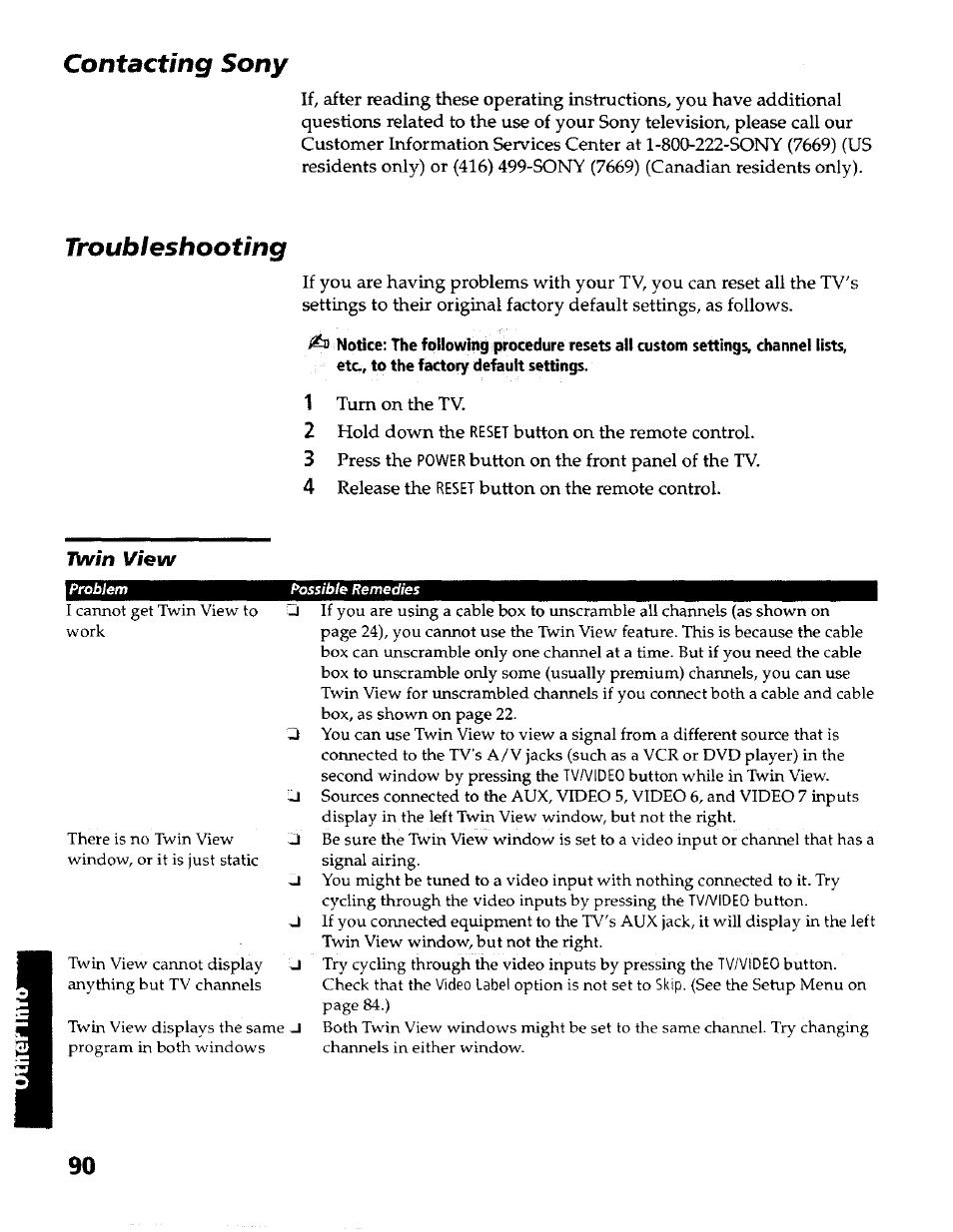 Contacting sony, Troubleshooting, Possible remedies | Twin view | Sony KP- 57WV600 User Manual | Page 91 / 100