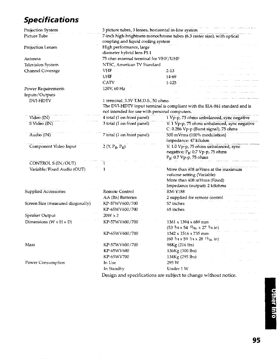 Specifications | Sony KP- 57WV600 User Manual | Page 96 / 100