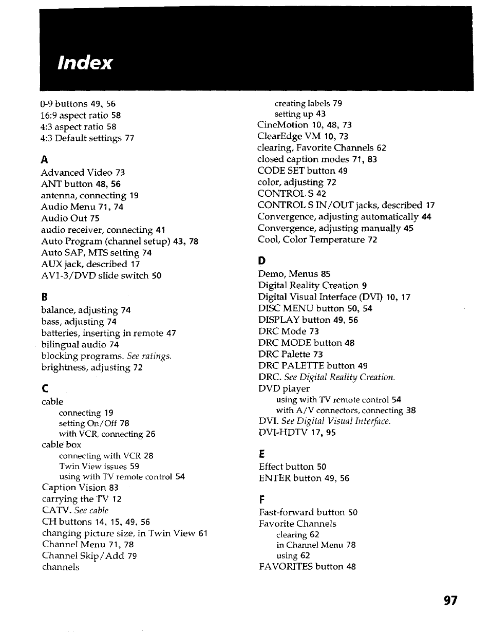 Index | Sony KP- 57WV600 User Manual | Page 98 / 100