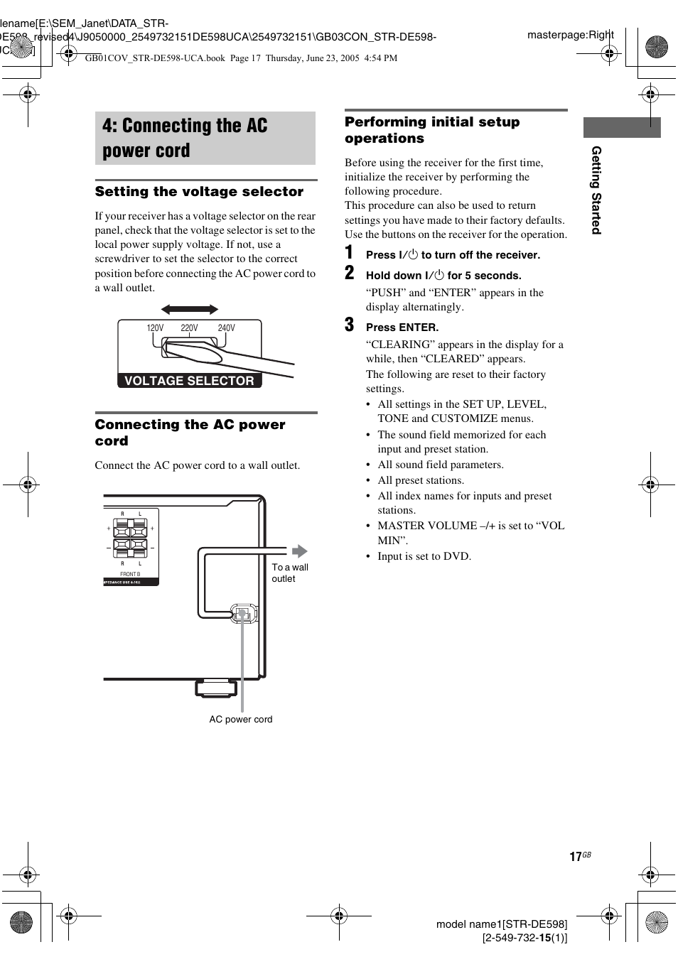 Connecting the ac power cord | Sony STR-DE598 User Manual | Page 17 / 56