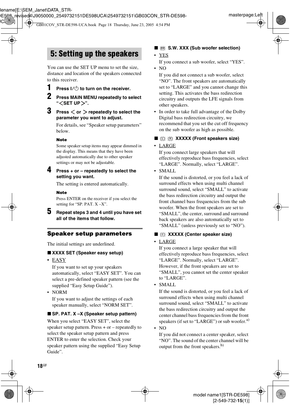 Setting up the speakers | Sony STR-DE598 User Manual | Page 18 / 56