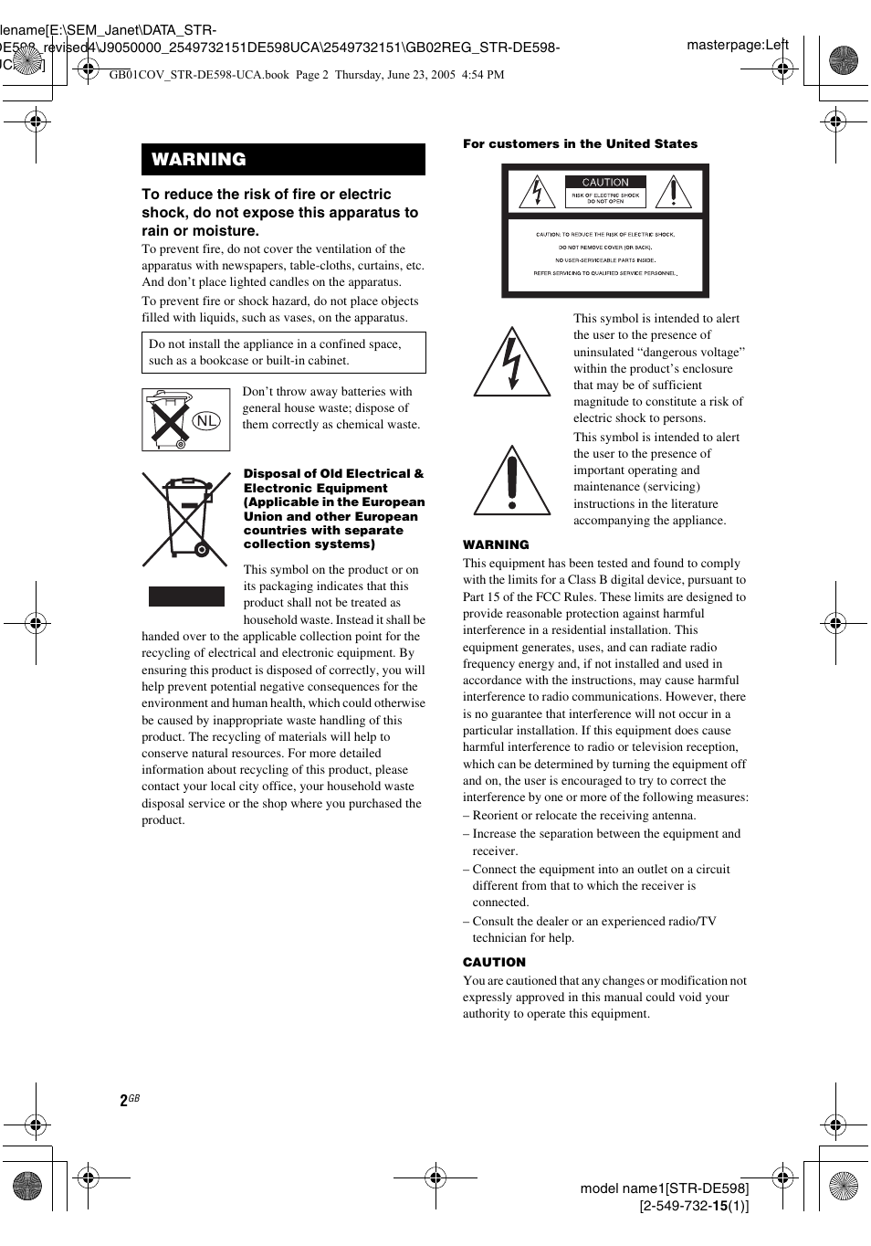 Warning | Sony STR-DE598 User Manual | Page 2 / 56