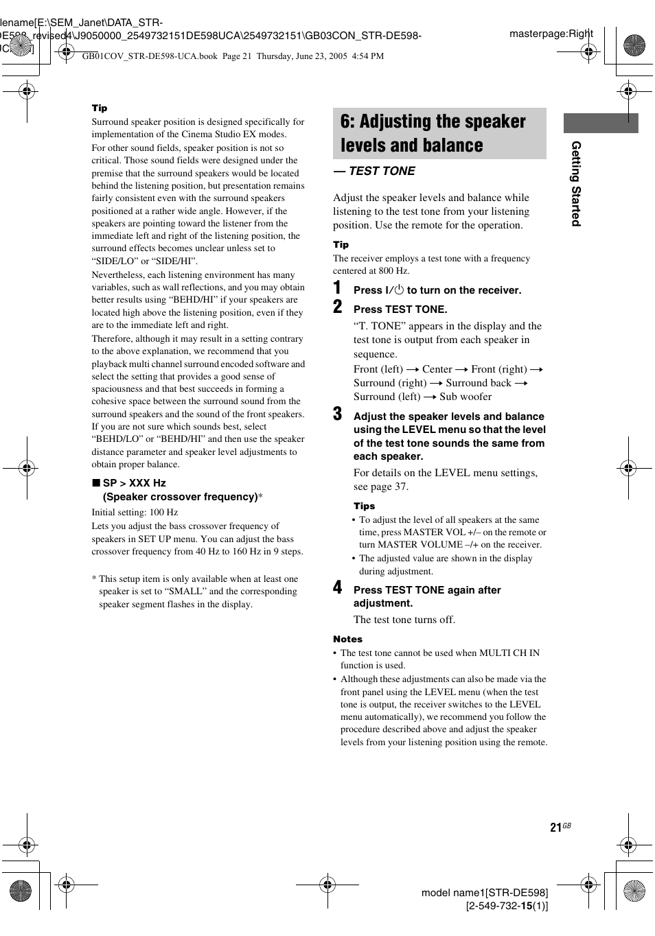 Adjusting the speaker levels and balance, Test tone, Adjusting the speaker levels and | Balance — test tone | Sony STR-DE598 User Manual | Page 21 / 56