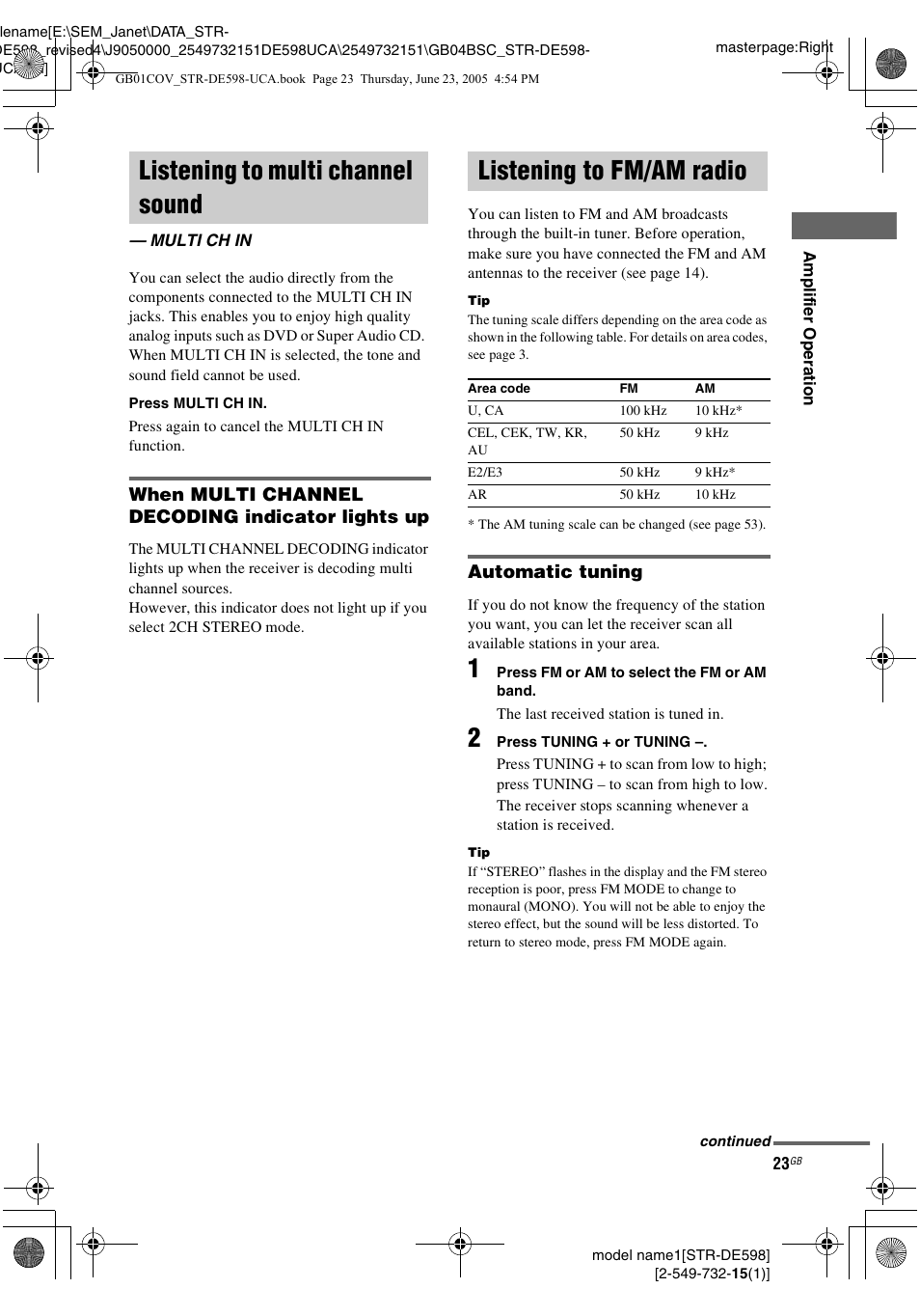 Listening to multi channel sound, Multi ch in, Listening to fm/am radio | Sony STR-DE598 User Manual | Page 23 / 56