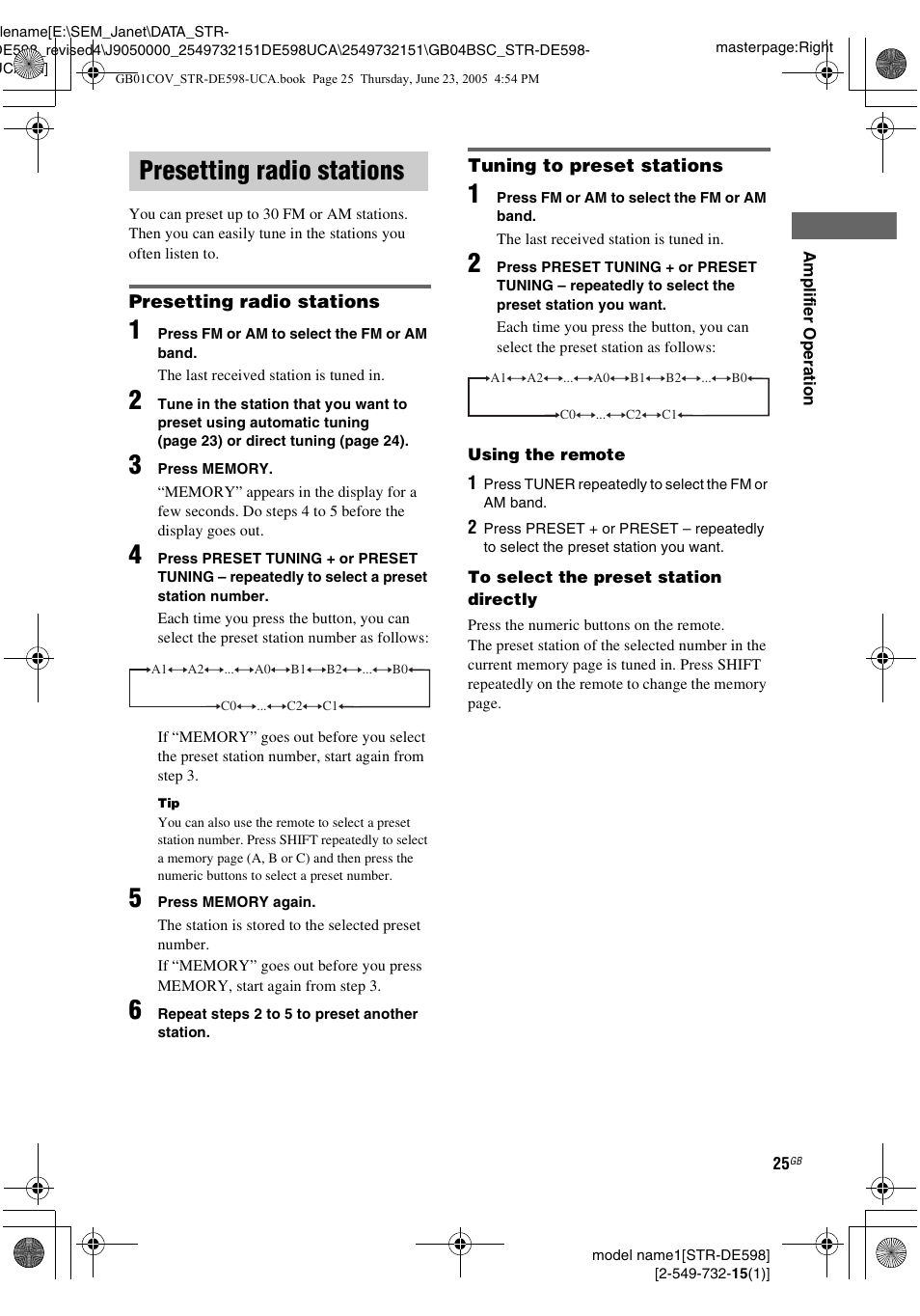 Presetting radio stations, See “tuning | Sony STR-DE598 User Manual | Page 25 / 56