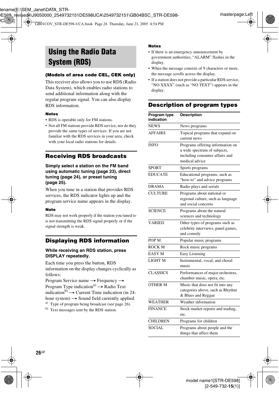Using the radio data system (rds), Models of area code cel, cek only), Receiving rds broadcasts | Displaying rds information, Description of program types | Sony STR-DE598 User Manual | Page 26 / 56