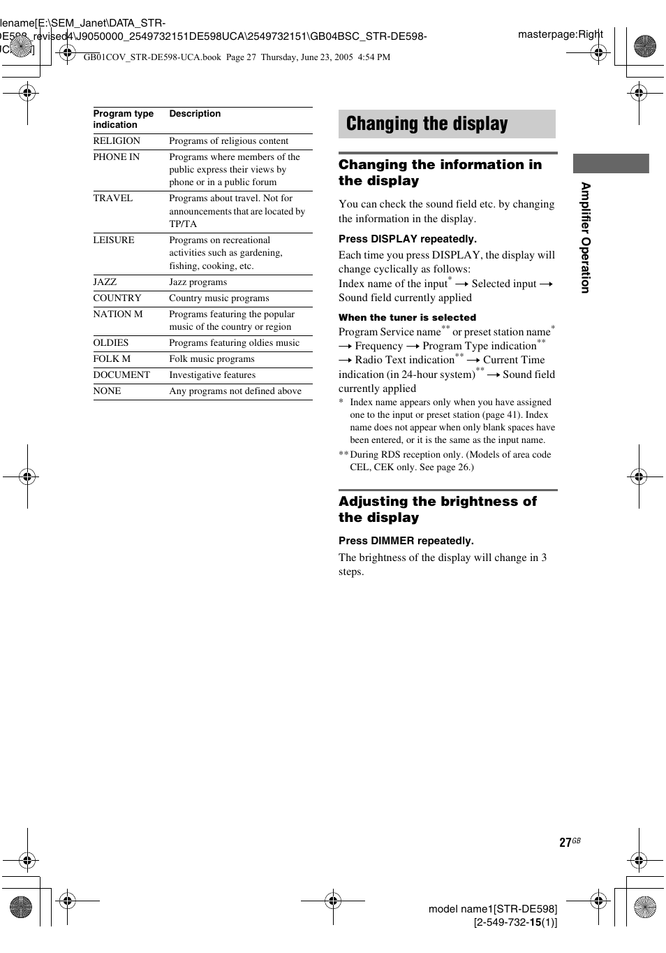Changing the display, Changing the information in the display, Adjusting the brightness of the display | Sony STR-DE598 User Manual | Page 27 / 56