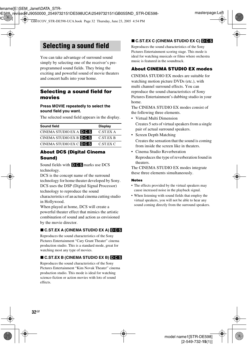 Selecting a sound field, Selecting a sound field for movies | Sony STR-DE598 User Manual | Page 32 / 56