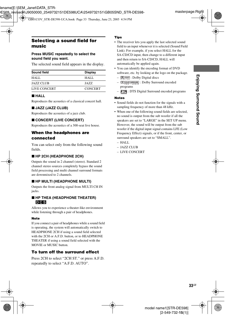Selecting a sound field for music | Sony STR-DE598 User Manual | Page 33 / 56