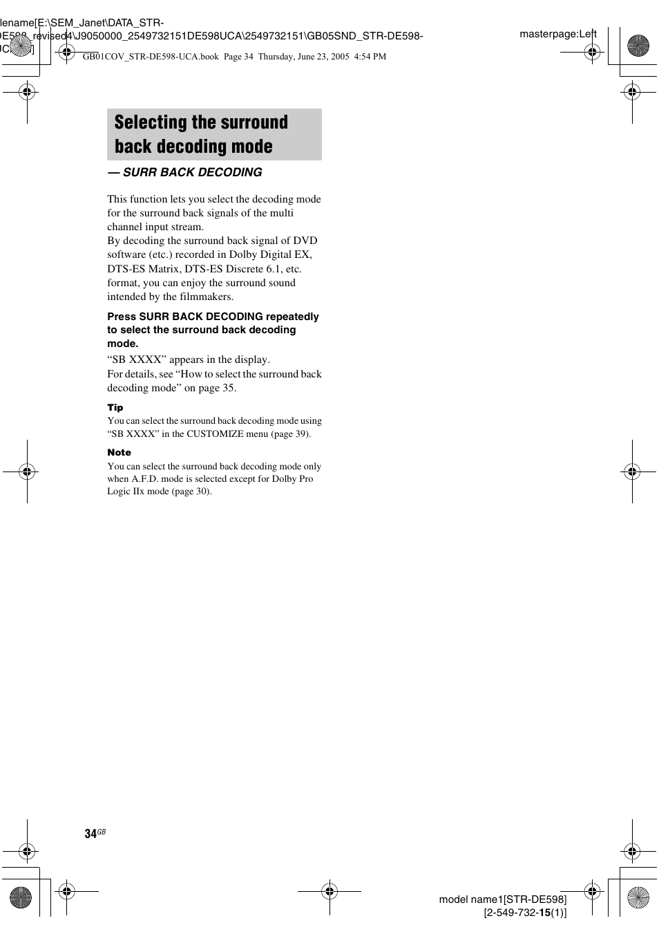Selecting the surround back decoding mode, Surr back decoding, Selecting the surround back decoding | Mode — surr back decoding | Sony STR-DE598 User Manual | Page 34 / 56