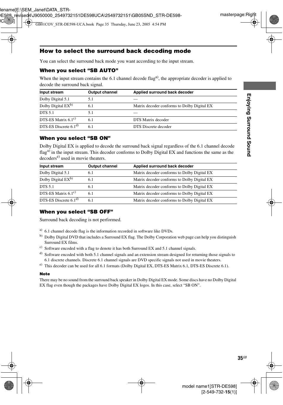 How to select the surround back decoding mode | Sony STR-DE598 User Manual | Page 35 / 56