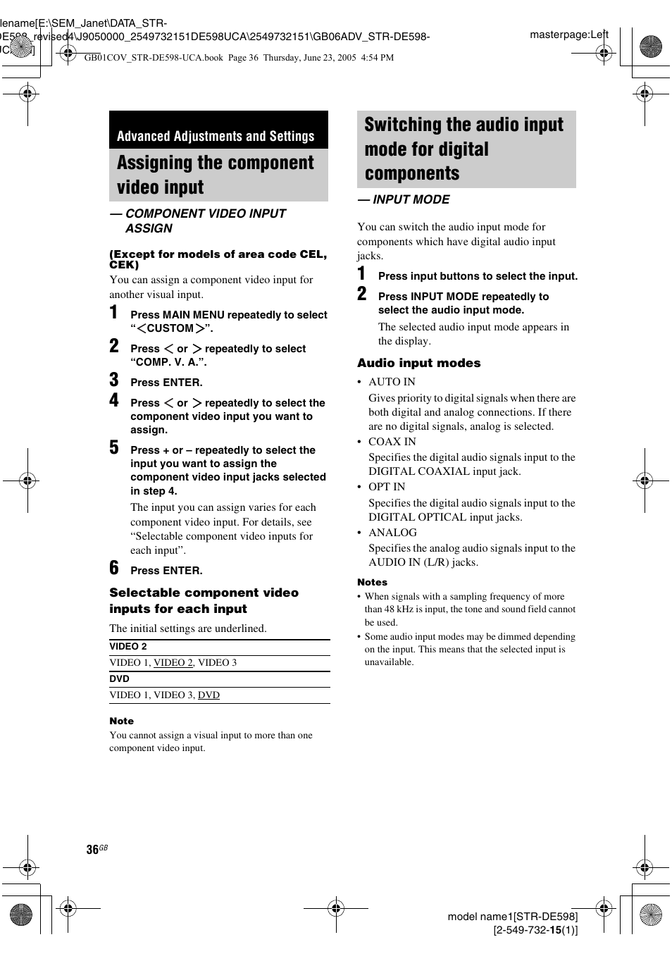 Advanced adjustments and settings, Assigning the component video input, Component video input assign | Input mode, Switching the audio input mode for digital, Components — input mode | Sony STR-DE598 User Manual | Page 36 / 56