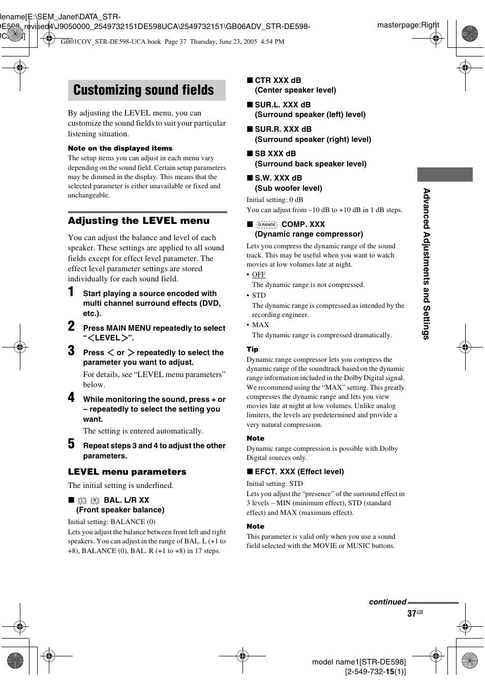 Customizing sound fields | Sony STR-DE598 User Manual | Page 37 / 56