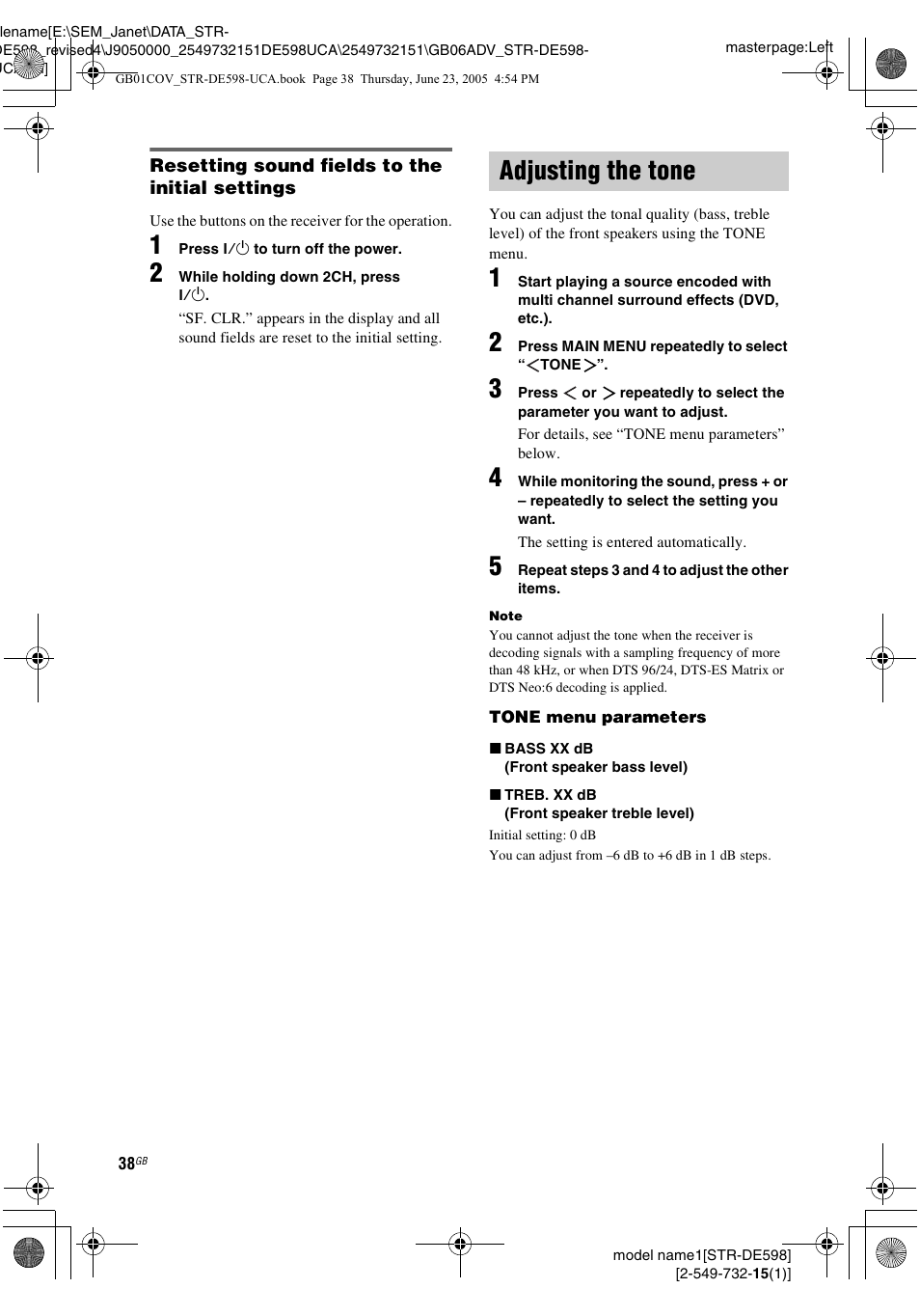 Adjusting the tone | Sony STR-DE598 User Manual | Page 38 / 56