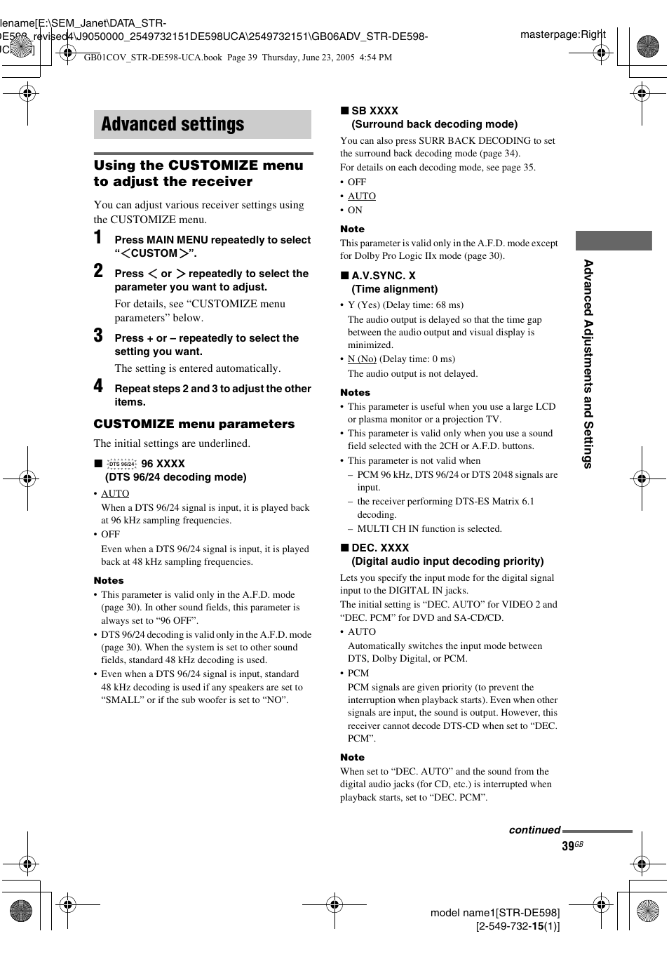 Advanced settings, Using the customize menu to adjust the receiver | Sony STR-DE598 User Manual | Page 39 / 56