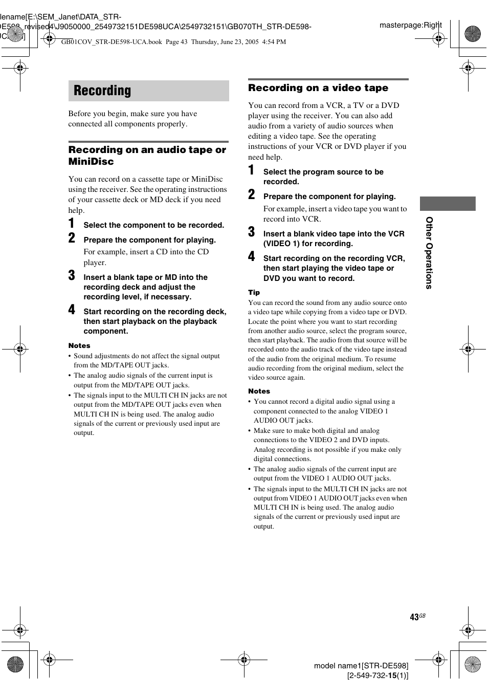 Recording | Sony STR-DE598 User Manual | Page 43 / 56