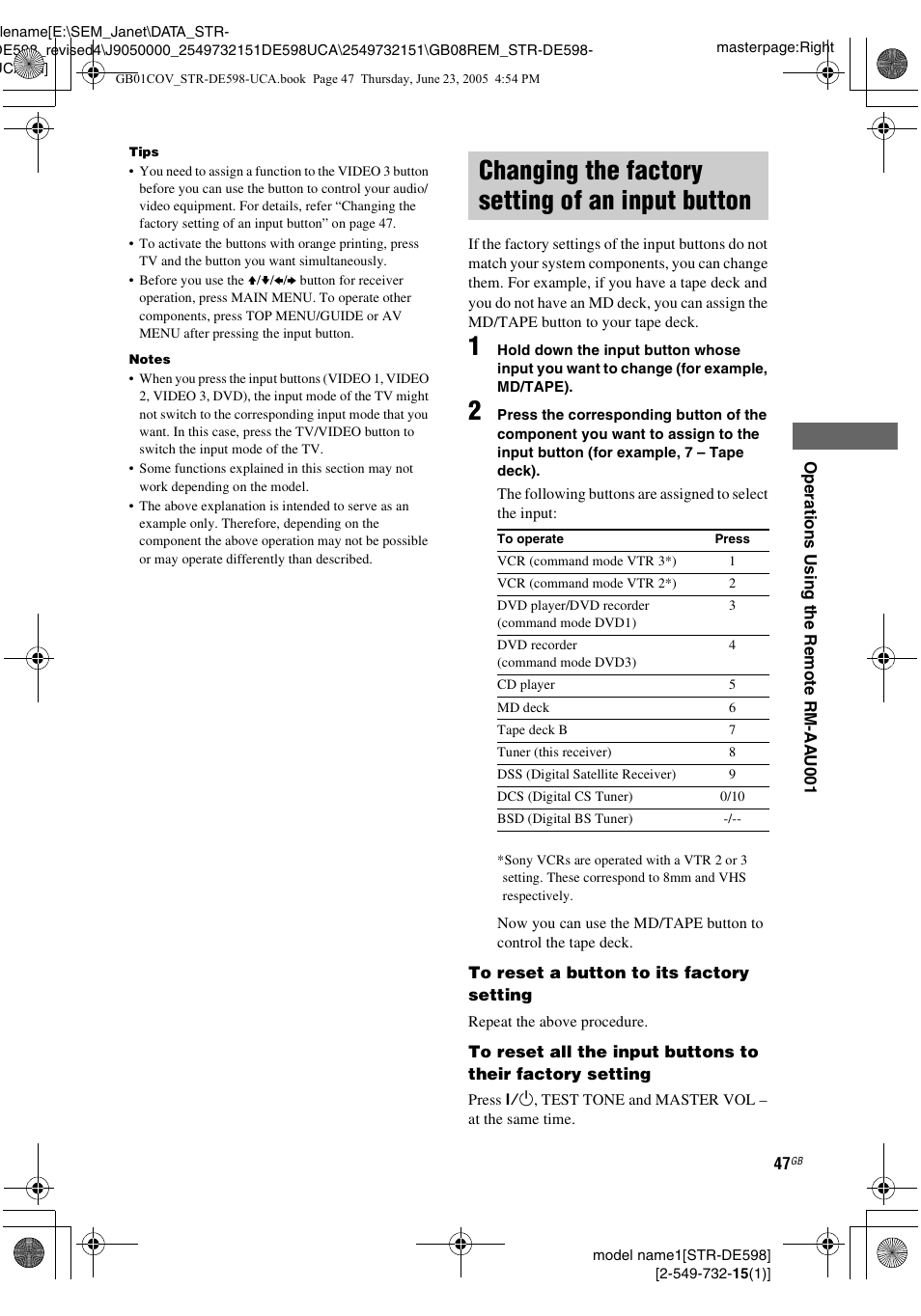 Changing the factory setting of an input button, Changing the factory setting of an input, Button | Sony STR-DE598 User Manual | Page 47 / 56