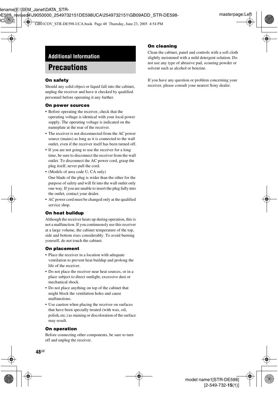 Additional information, Precautions | Sony STR-DE598 User Manual | Page 48 / 56